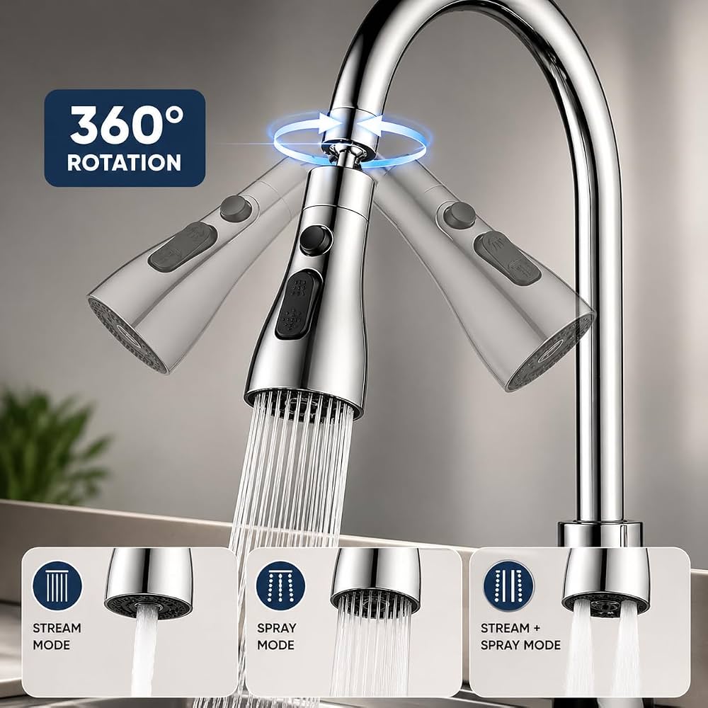 3 In 1 Kitchen Faucet Extender 360 Degree Rotate Pull Out Kitchen Tap